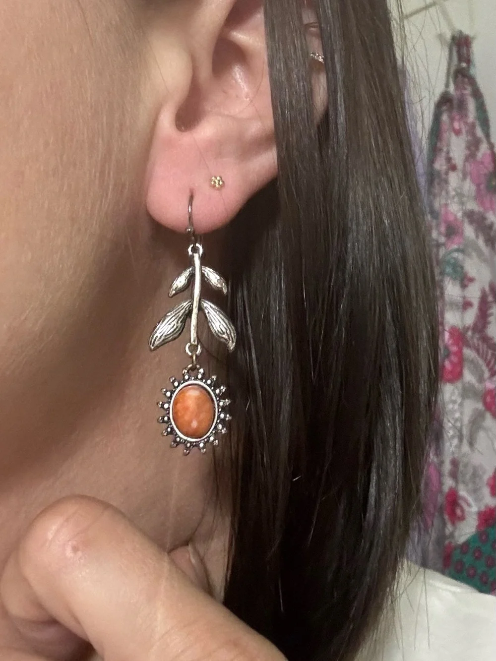 Sterling Leaf Drop Earrings with Orange Stone